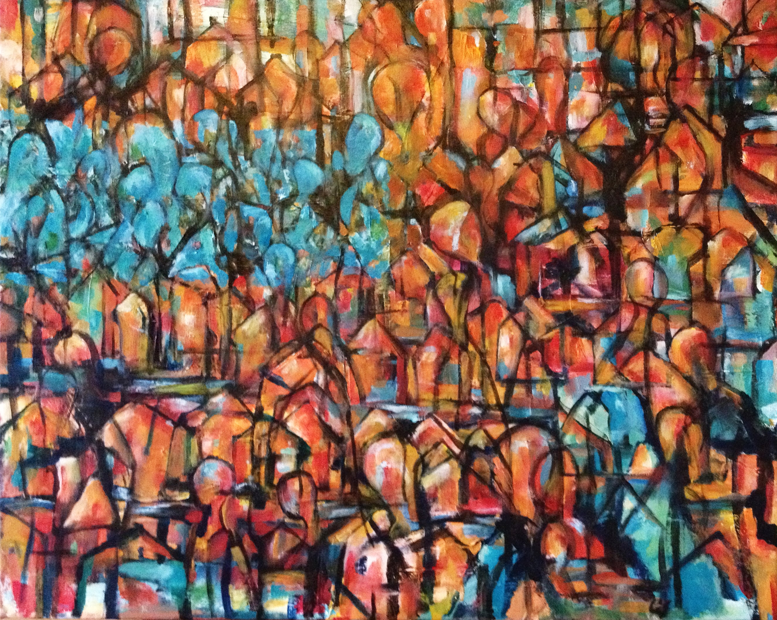 I og mellem husene, 80 cm x 62 cm, 2.800 kr